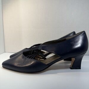 Caressa Strappy Cross Strap Dress Dance Shoes Navy Blue Leather 2.5" Heels Sz 10